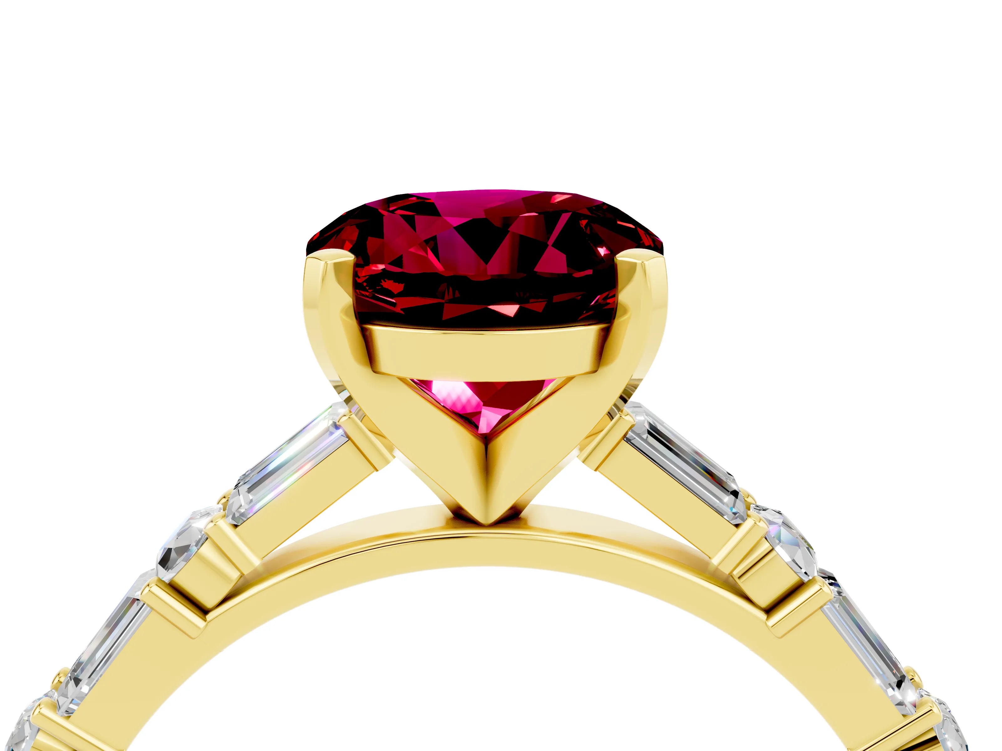 Yellow gold Round Cut Garnet Solitaire with Side Baguettes and Channel Set Band_4