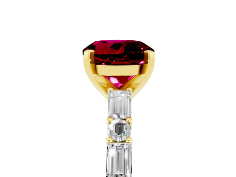 Yellow gold Round Cut Garnet Solitaire with Side Baguettes and Channel Set Band_5