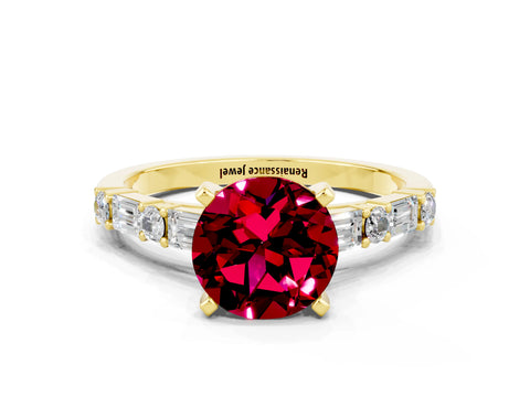 Yellow gold Round Cut Garnet Solitaire with Side Baguettes and Channel Set Band