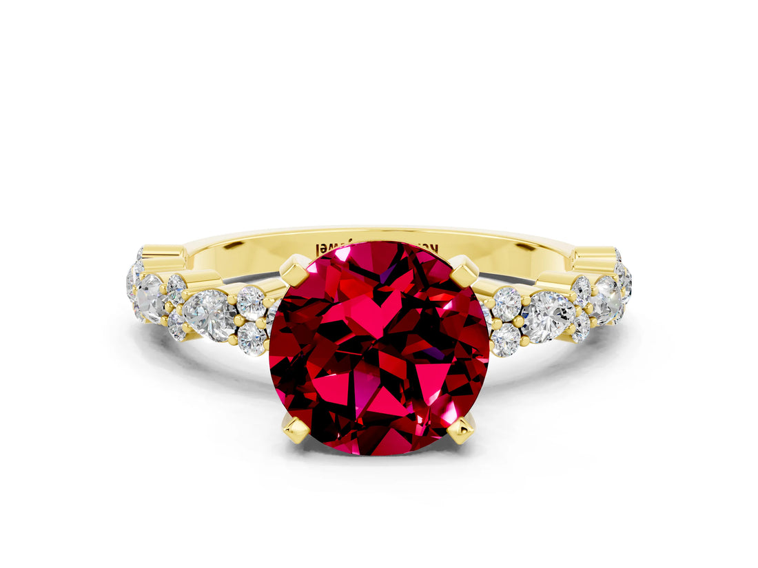 Yellow gold Round Cut Garnet Solitaire with Side Stones, Pave Band, Four-Prong Setting_36