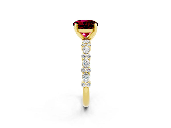 Yellow gold Round Cut Garnet Side Stone Solitaire Ring with Round  and Four-Prong Setting