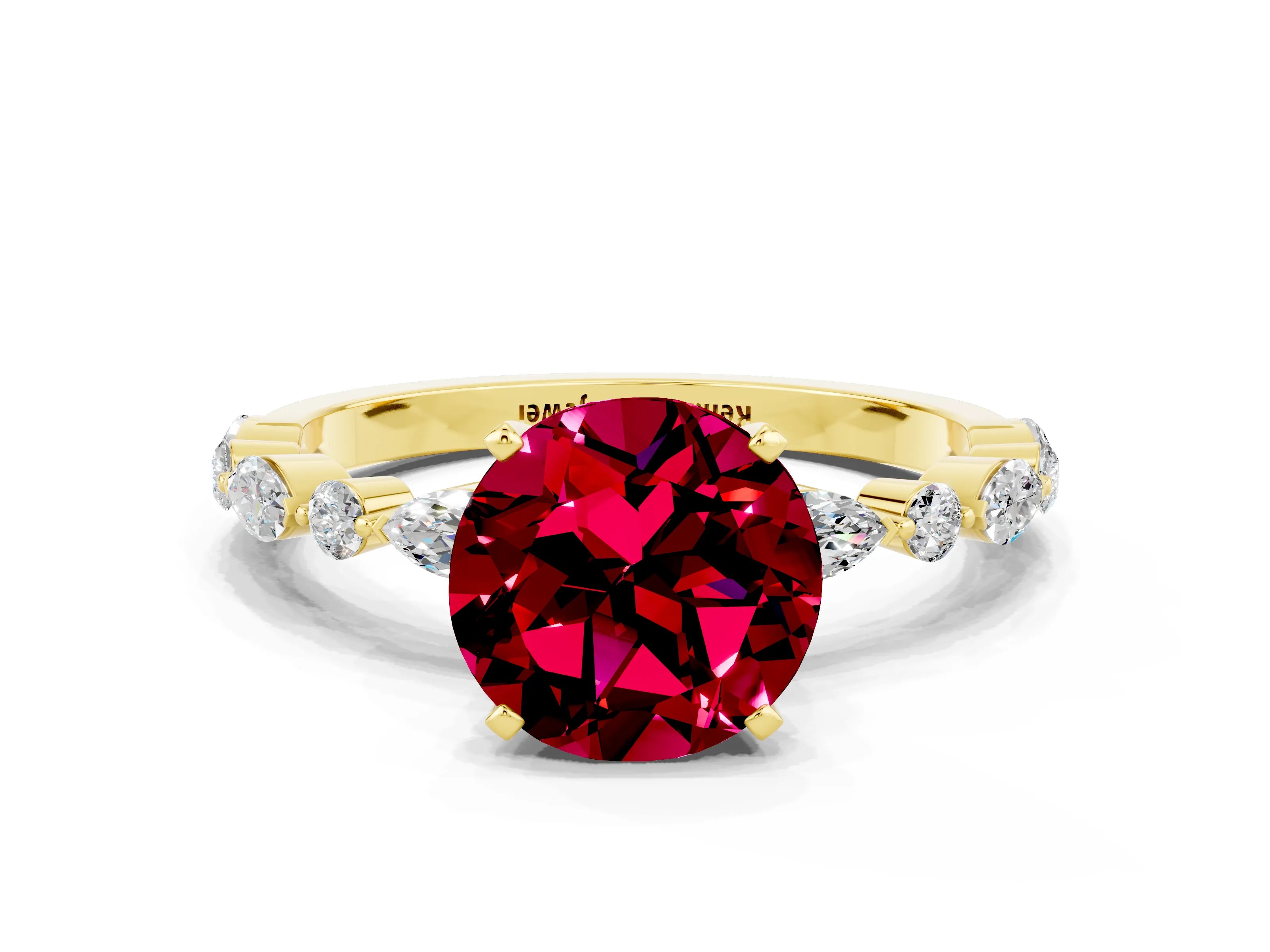 Yellow gold Round Cut Garnet Solitaire with Side Stones on a Pavé Band and Four-Prong Setting