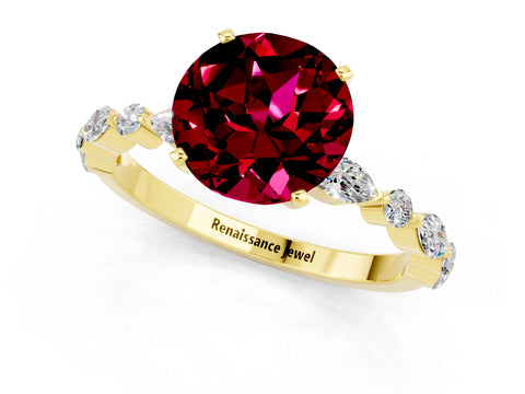 Yellow gold Round Cut Garnet Solitaire with Side Stones on a Pavé Band and Four-Prong Setting_1