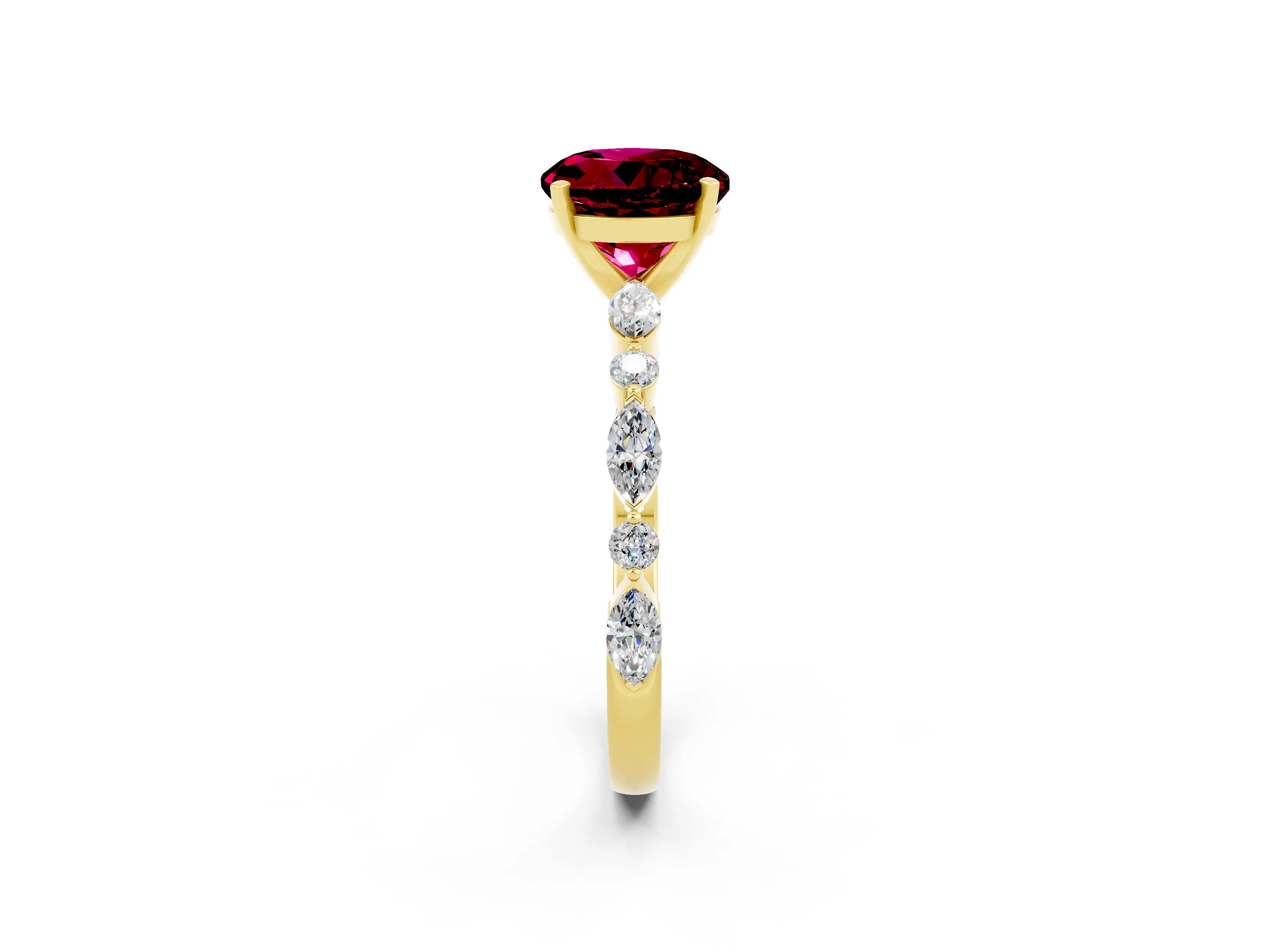 Yellow gold Round Cut Garnet Solitaire with Side Stones on a Pavé Band and Four-Prong Setting_2
