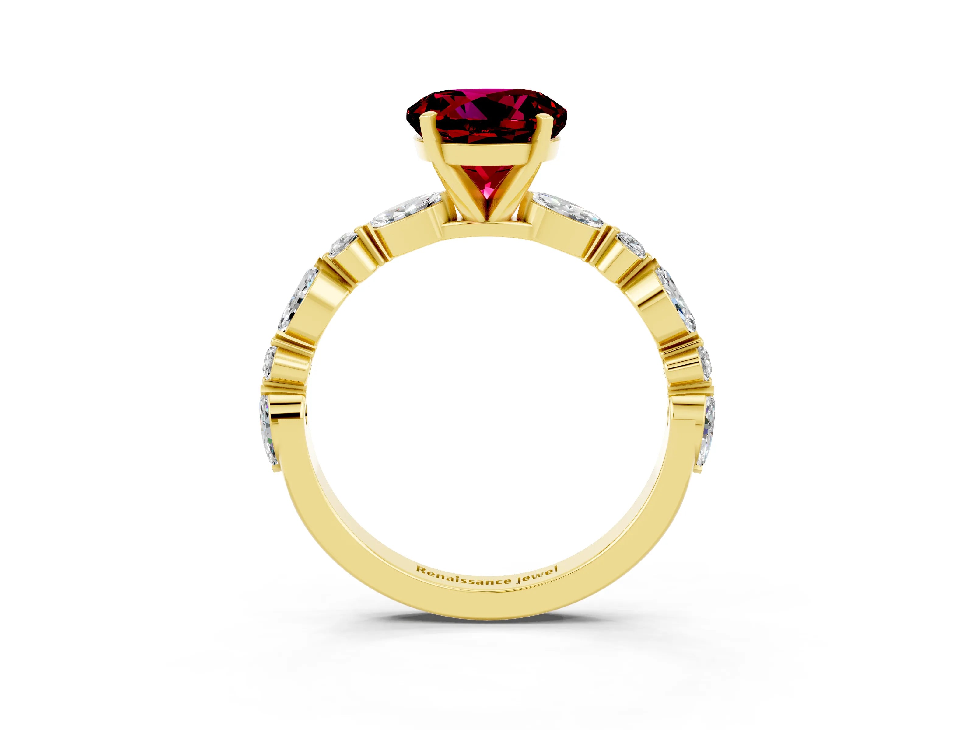Yellow gold Round Cut Garnet Solitaire with Side Stones on a Pavé Band and Four-Prong Setting_3
