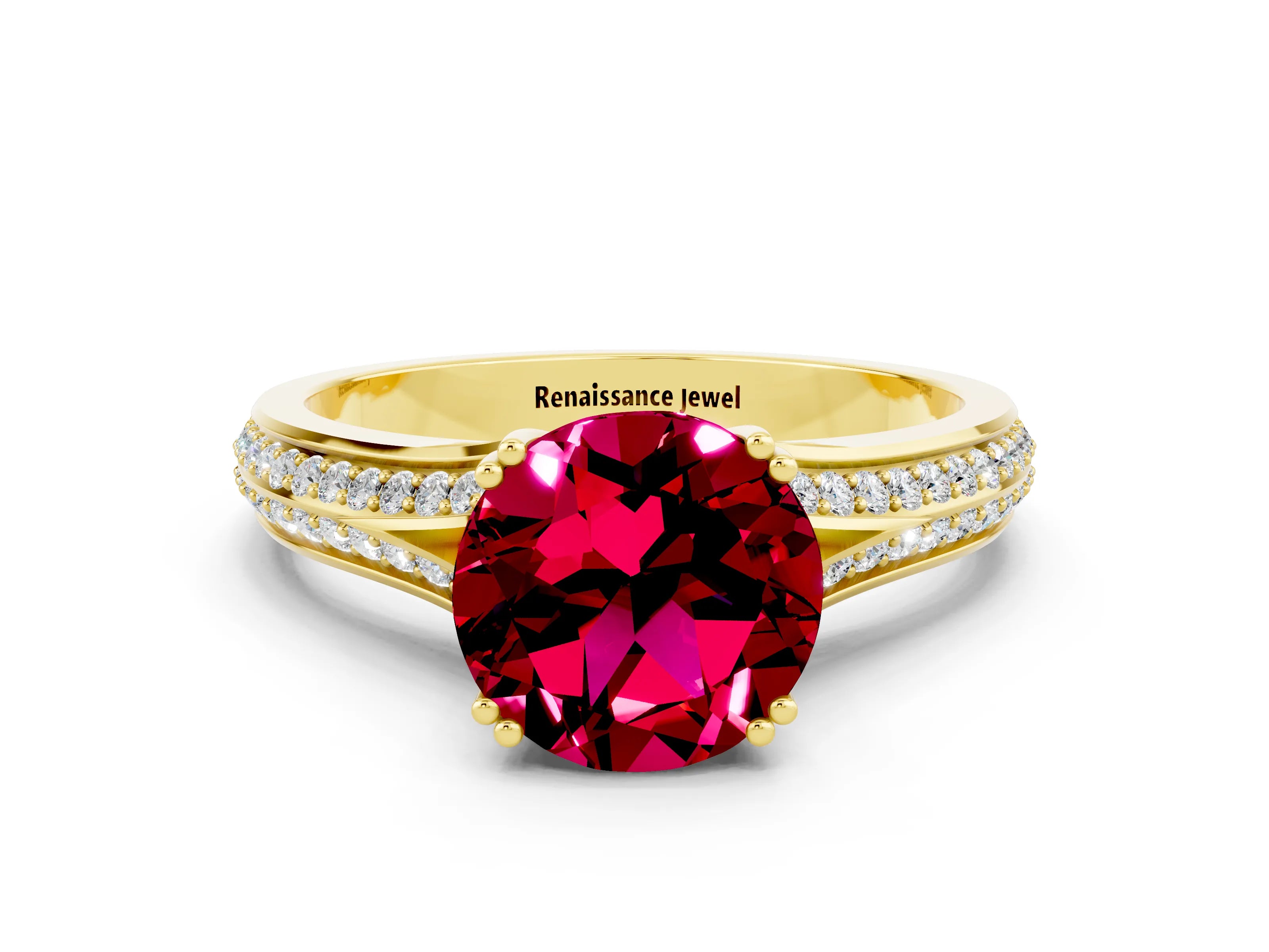 Yellow gold Round Cut Garnet Split Shank Engagement Ring with Pavé Band