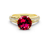 Yellow gold Round Cut Garnet Split Shank Engagement Ring with Pavé Band