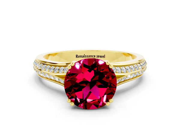 Yellow gold Round Cut Garnet Split Shank Engagement Ring with Pavé Band