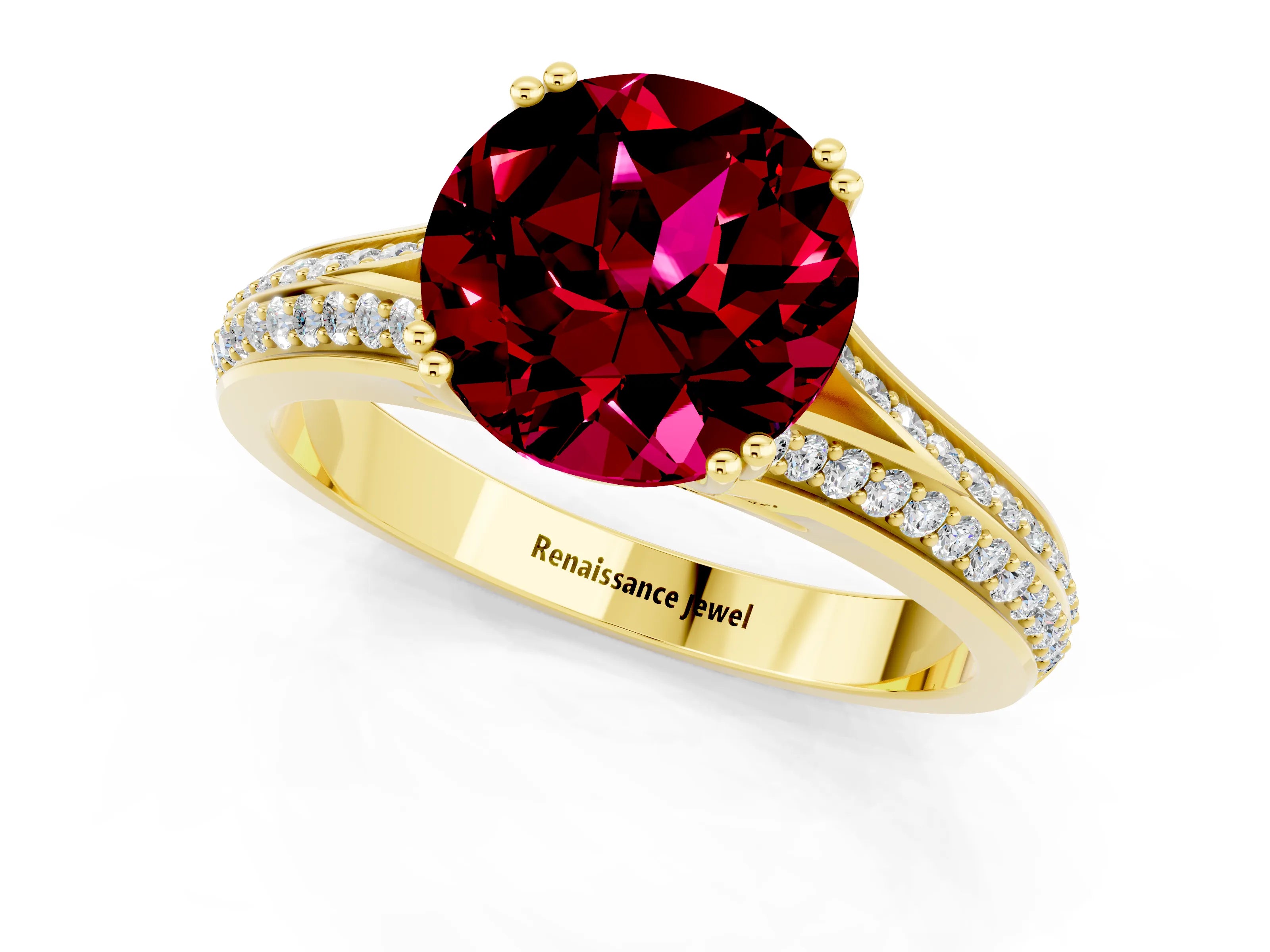 Yellow gold Round Cut Garnet Split Shank Engagement Ring with Pavé Band_1