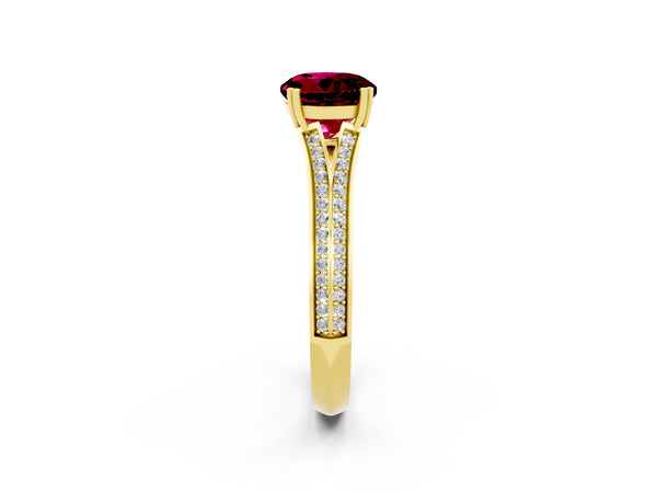 Yellow gold Round Cut Garnet Split Shank Engagement Ring with Pavé Band