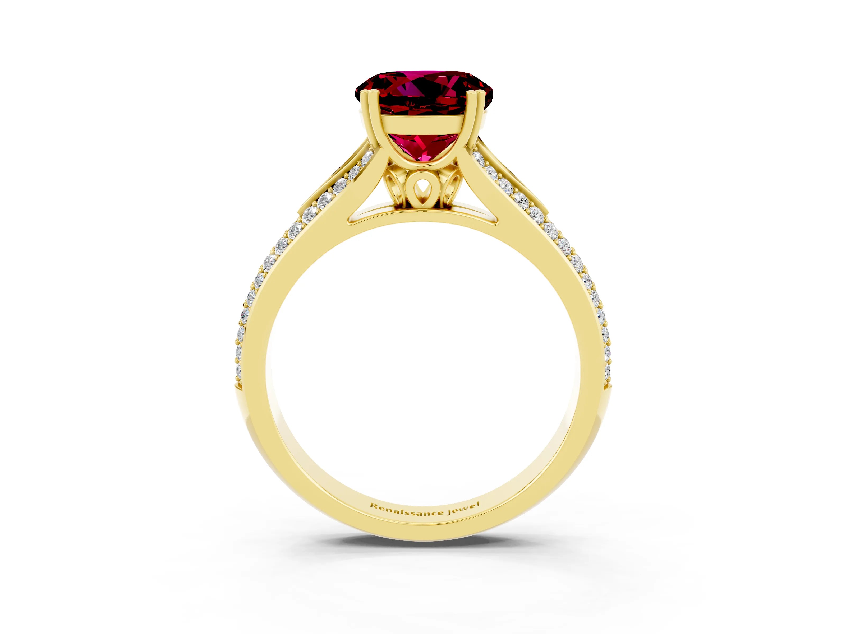 Yellow gold Round Cut Garnet Split Shank Engagement Ring with Pavé Band_3