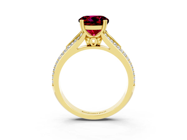 Yellow gold Round Cut Garnet Split Shank Engagement Ring with Pavé Band