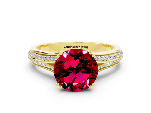 Yellow gold Round Cut Garnet Split Shank Engagement Ring with Pavé Band