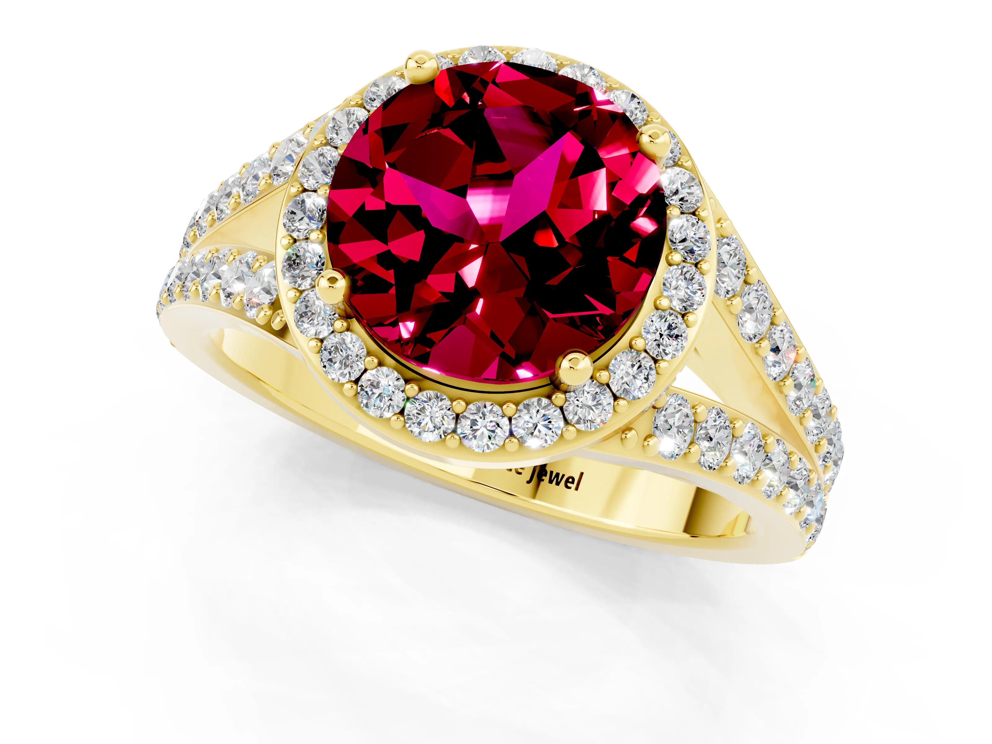 Yellow gold Round Cut Garnet Split Shank Halo Ring with Four-Prong Setting_13