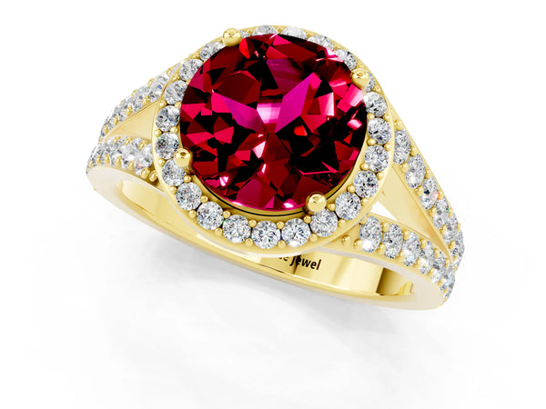 Yellow gold Round Cut Garnet Split Shank Halo Ring with Four-Prong Setting