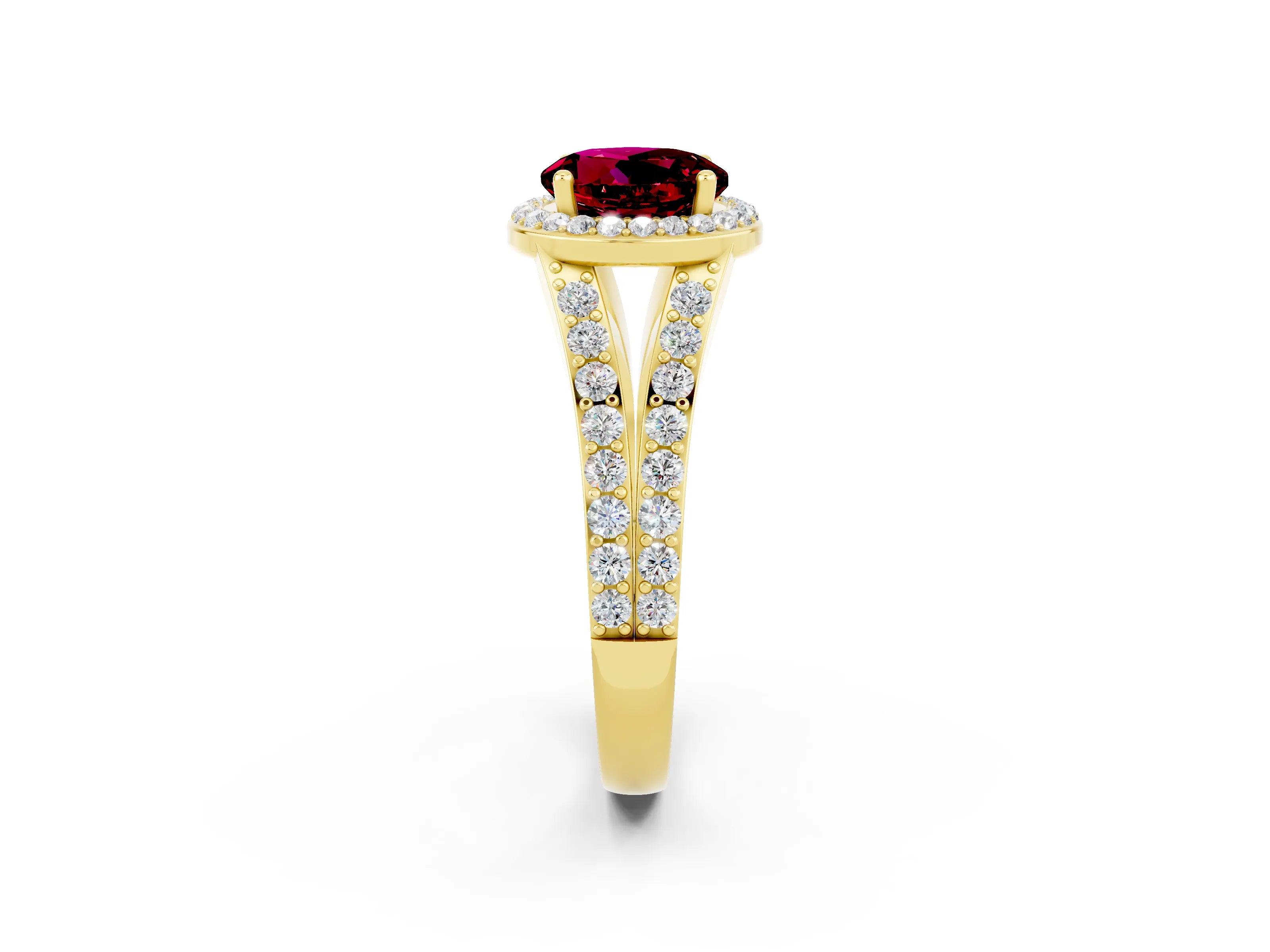 Yellow gold Round Cut Garnet Split Shank Halo Ring with Four-Prong Setting_14