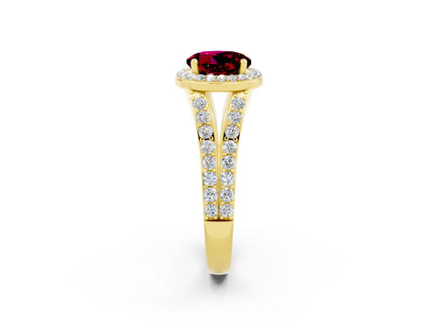 Yellow gold Round Cut Garnet Split Shank Halo Ring with Four-Prong Setting_14