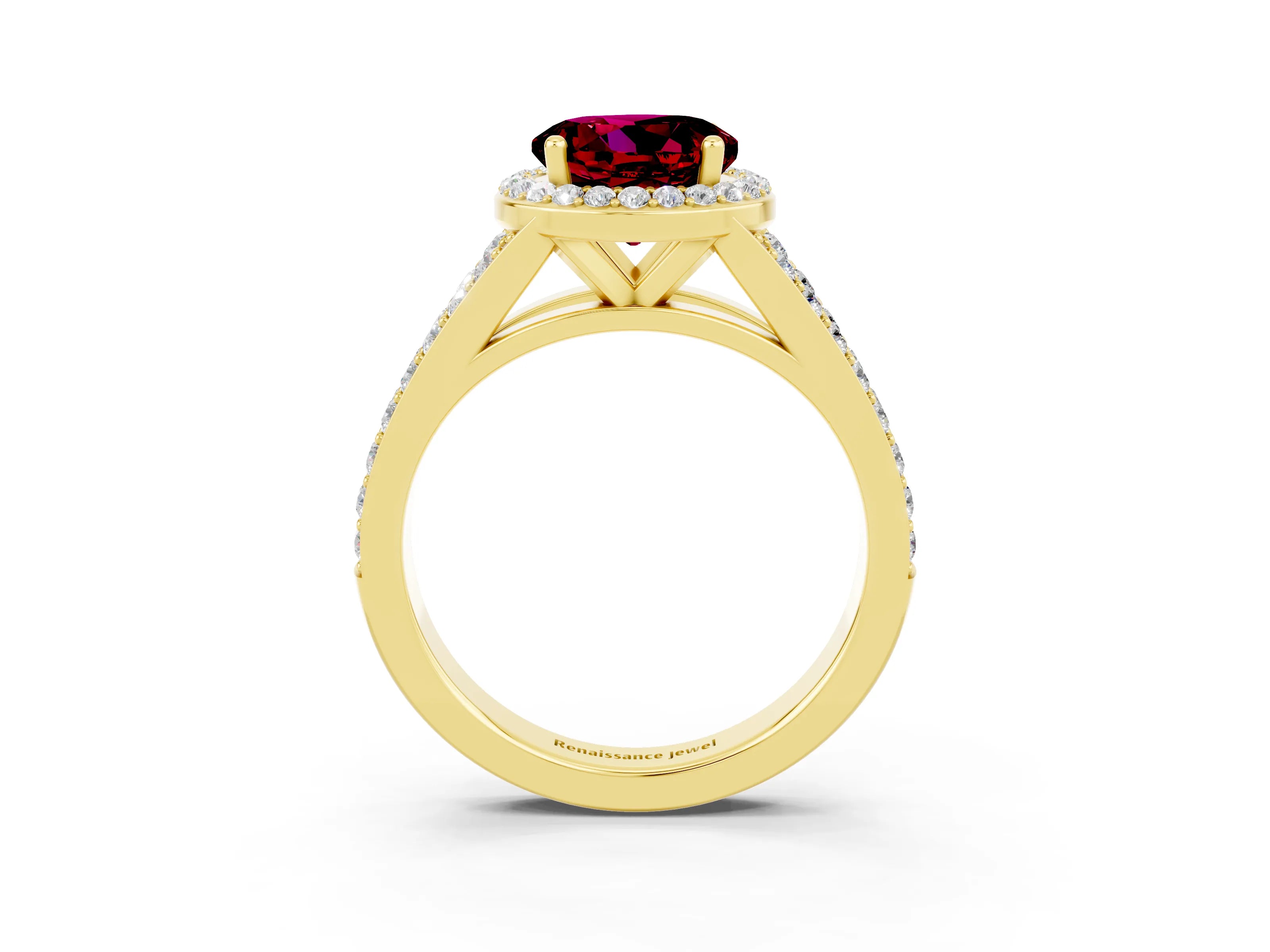 Yellow gold Round Cut Garnet Split Shank Halo Ring with Four-Prong Setting_15