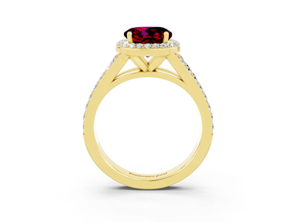 Yellow gold Round Cut Garnet Split Shank Halo Ring with Four-Prong Setting