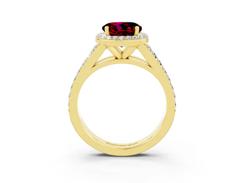 Yellow gold Round Cut Garnet Split Shank Halo Ring with Four-Prong Setting_15