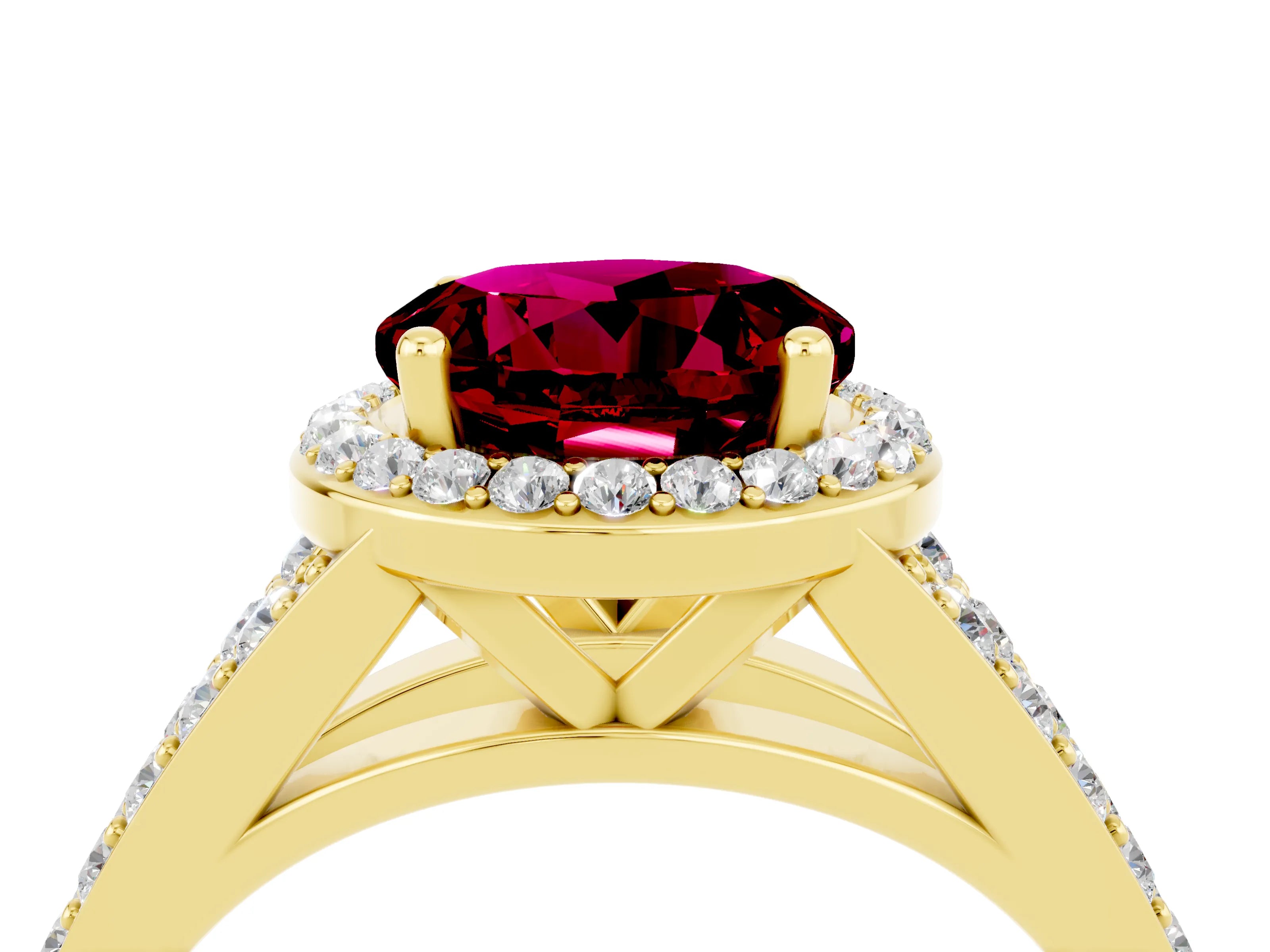 Yellow gold Round Cut Garnet Split Shank Halo Ring with Four-Prong Setting_16
