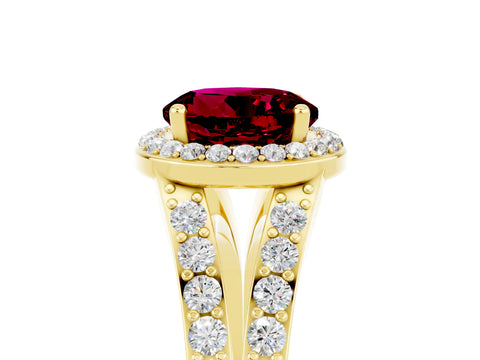 Yellow gold Round Cut Garnet Split Shank Halo Ring with Four-Prong Setting_17