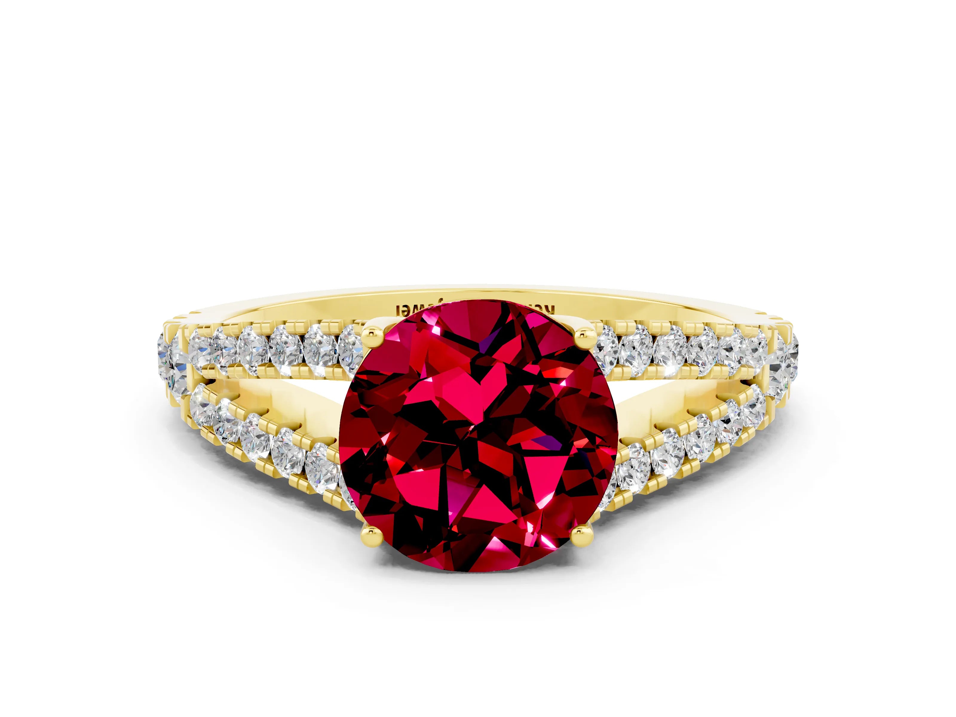 Yellow gold Round Cut Garnet Split Shank Pavé Engagement Ring with Four-Prong Setting_12