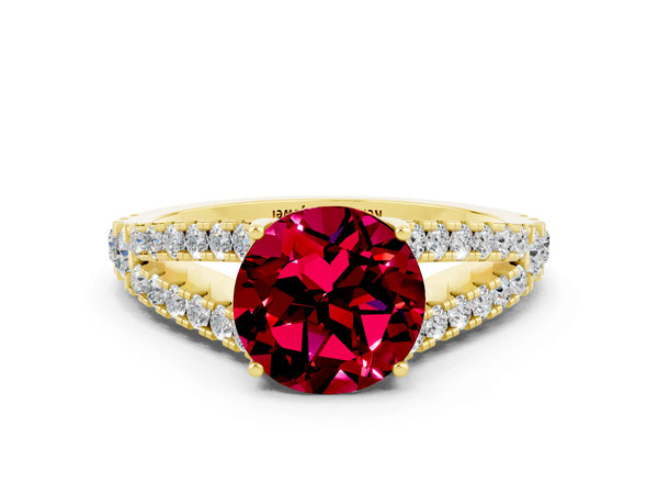 Yellow gold Round Cut Garnet Split Shank Pavé Engagement Ring with Four-Prong Setting
