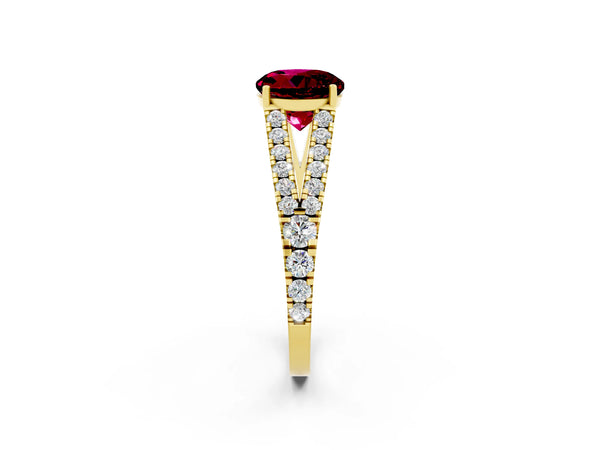 Yellow gold Round Cut Garnet Split Shank Pavé Engagement Ring with Four-Prong Setting