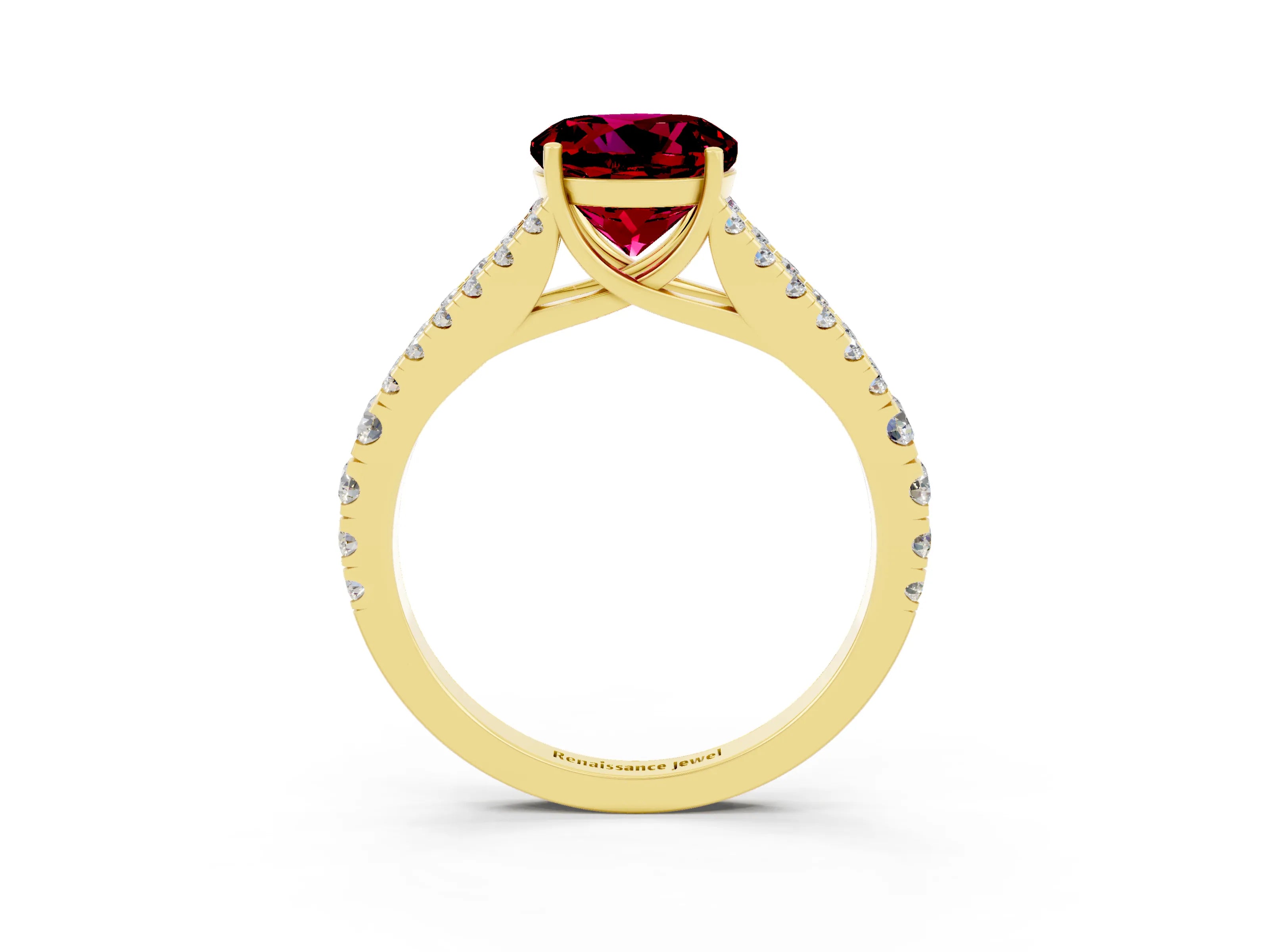 Yellow gold Round Cut Garnet Split Shank Pavé Engagement Ring with Four-Prong Setting_15