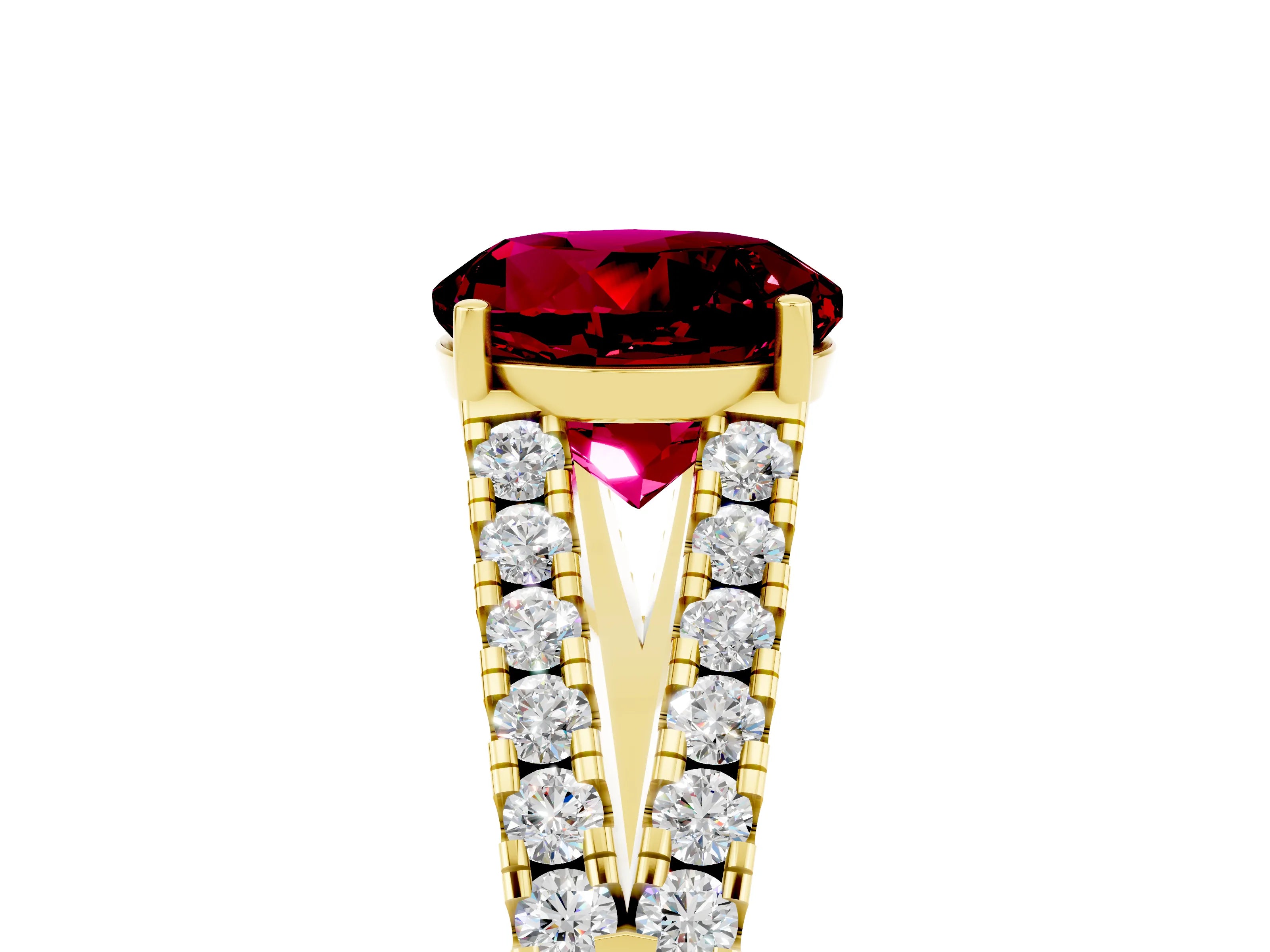 Yellow gold Round Cut Garnet Split Shank Pavé Engagement Ring with Four-Prong Setting_17