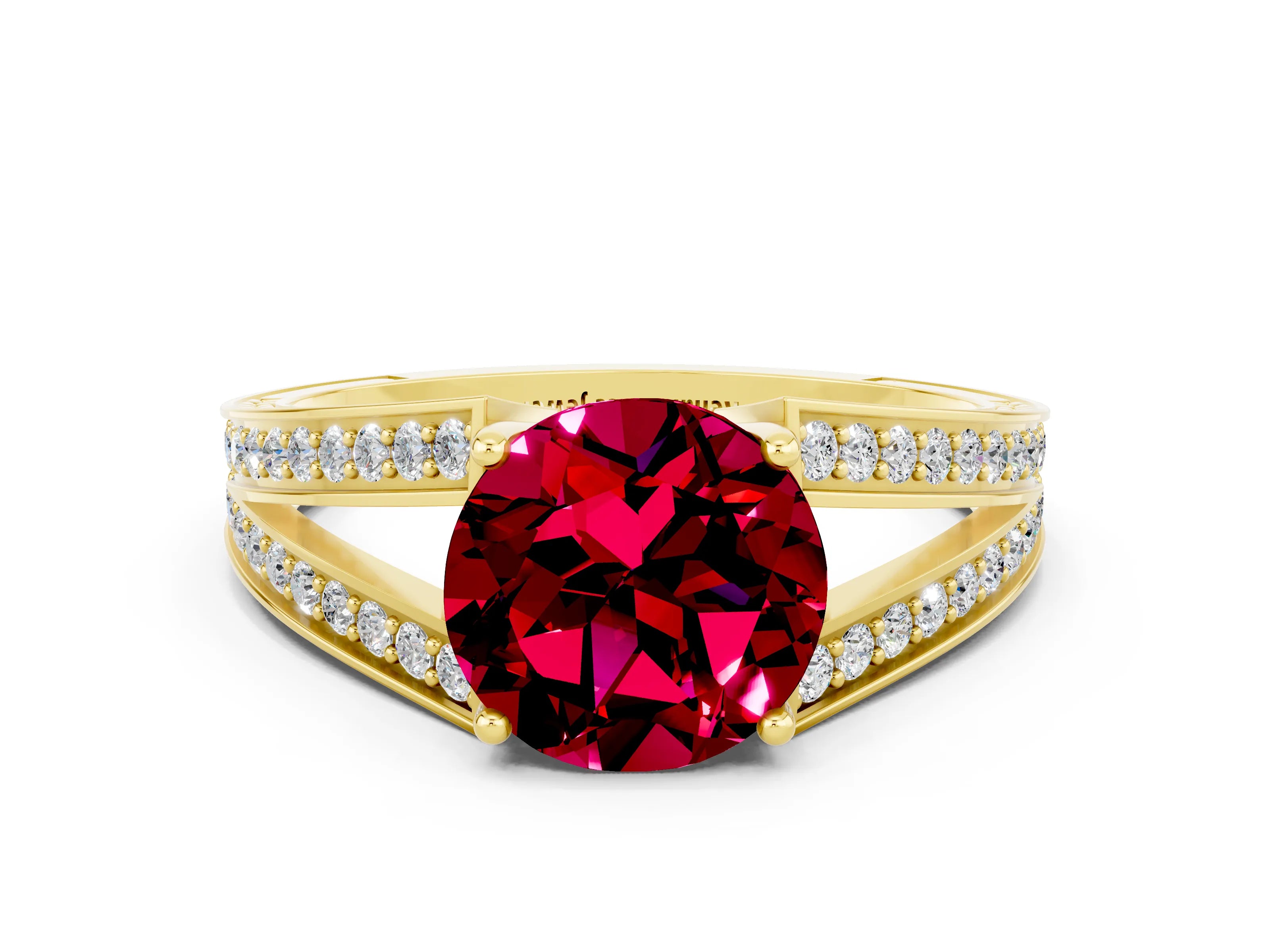 Yellow gold Round Cut Garnet Split Shank Ring with Pavé Band and Four-Prong Setting