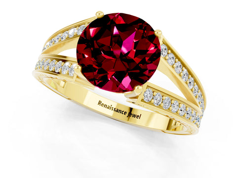 Yellow gold Round Cut Garnet Split Shank Ring with Pavé Band and Four-Prong Setting_1