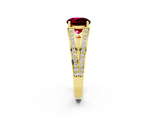 Yellow gold Round Cut Garnet Split Shank Ring with Pavé Band and Four-Prong Setting