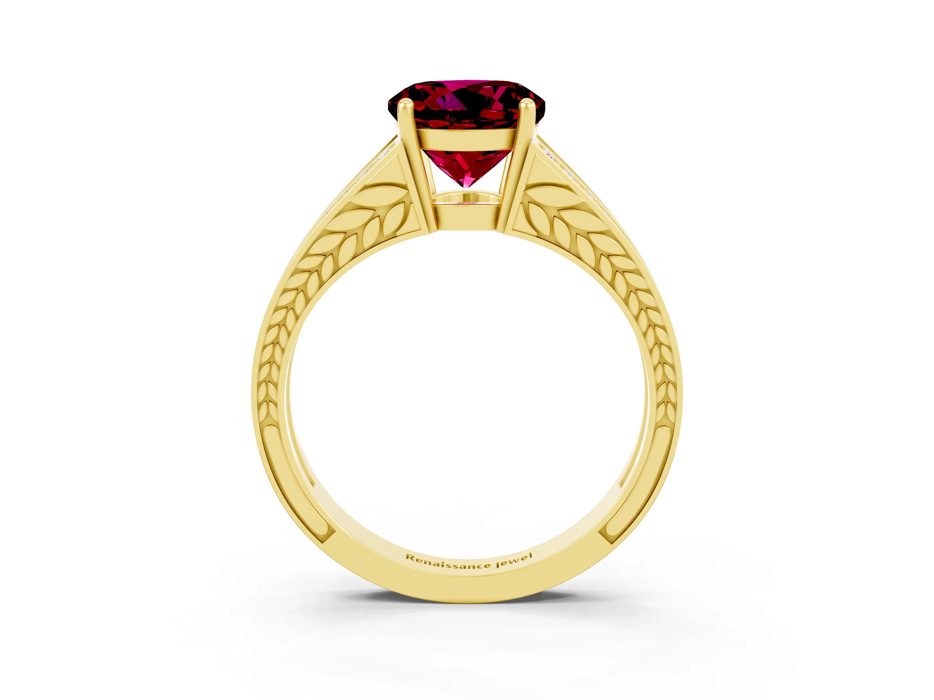 Yellow gold Round Cut Garnet Split Shank Ring with Pavé Band and Four-Prong Setting_3