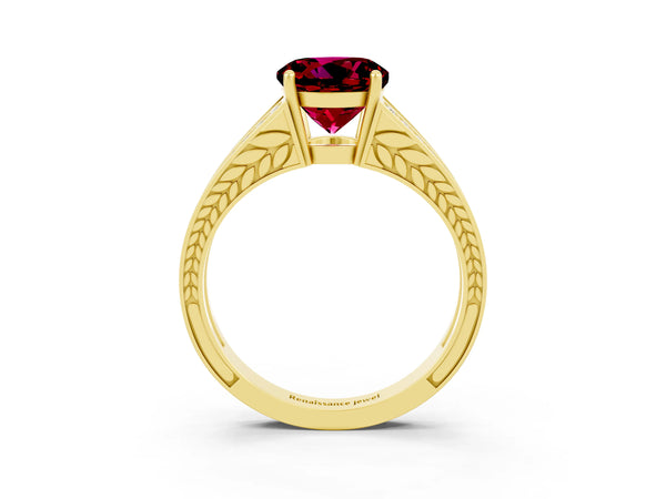 Yellow gold Round Cut Garnet Split Shank Ring with Pavé Band and Four-Prong Setting