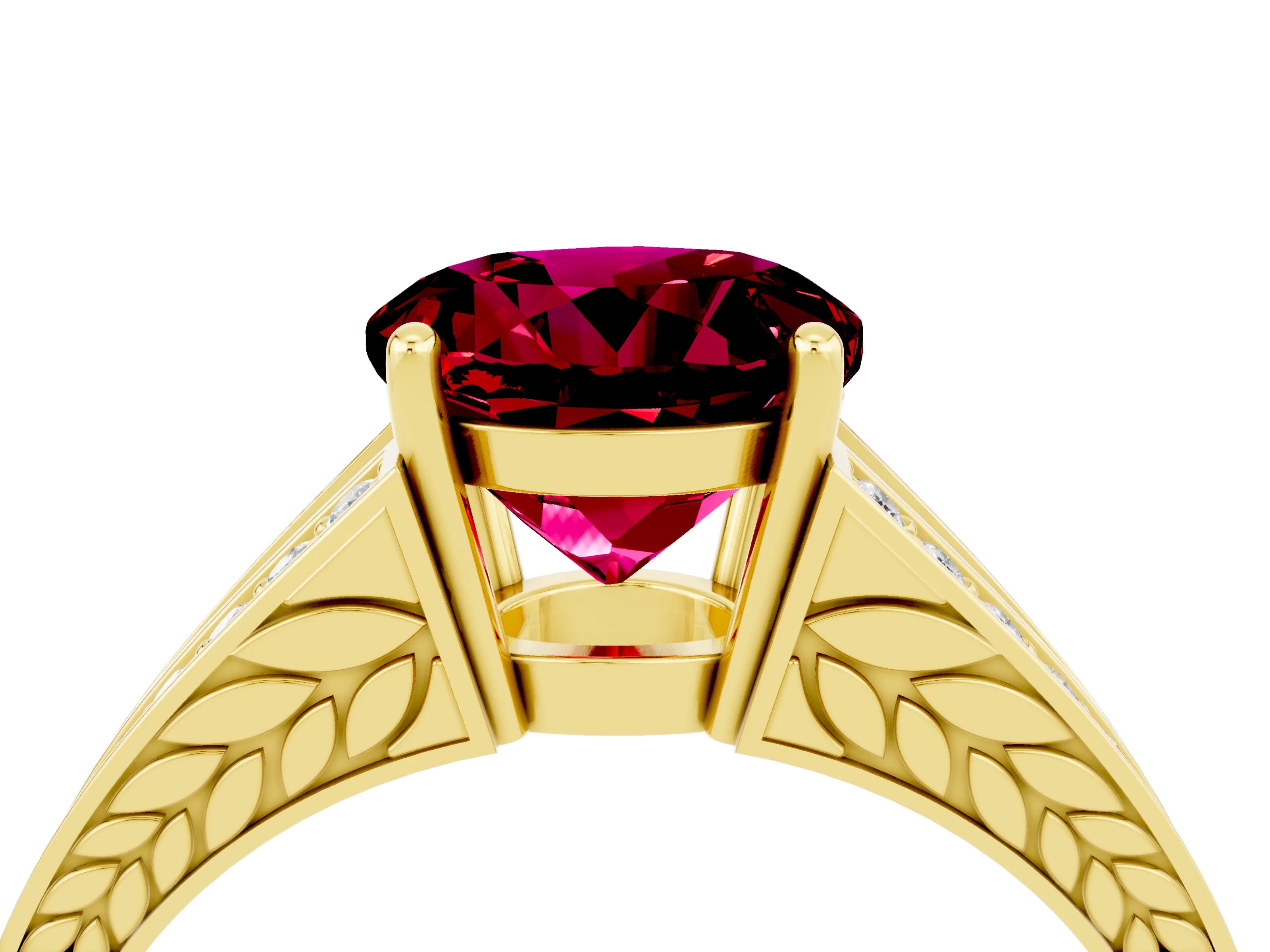Yellow gold Round Cut Garnet Split Shank Ring with Pavé Band and Four-Prong Setting_4