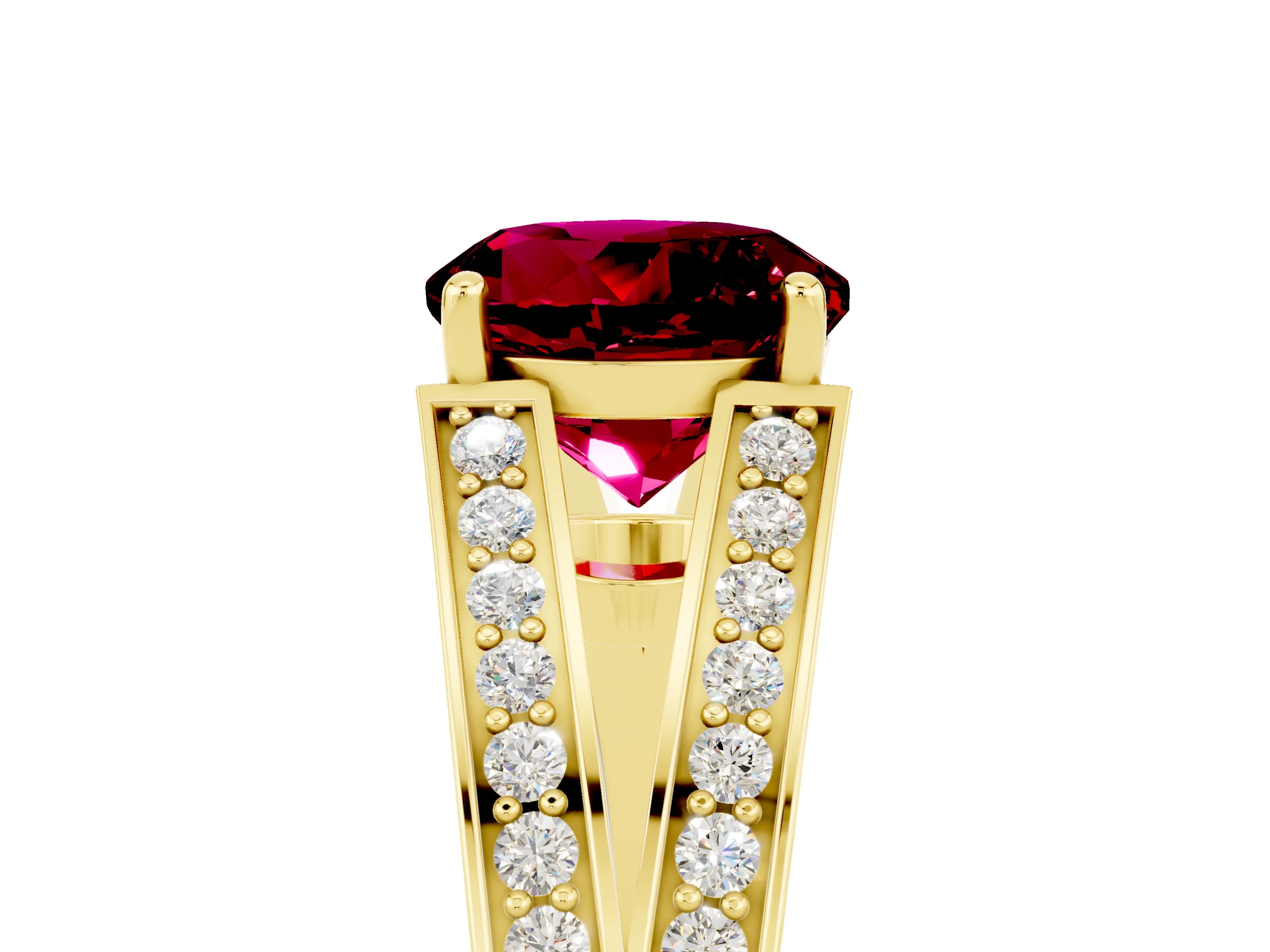 Yellow gold Round Cut Garnet Split Shank Ring with Pavé Band and Four-Prong Setting_5
