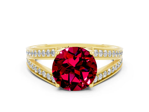 Yellow gold Round Cut Garnet Split Shank Ring with Pavé Band and Four-Prong Setting