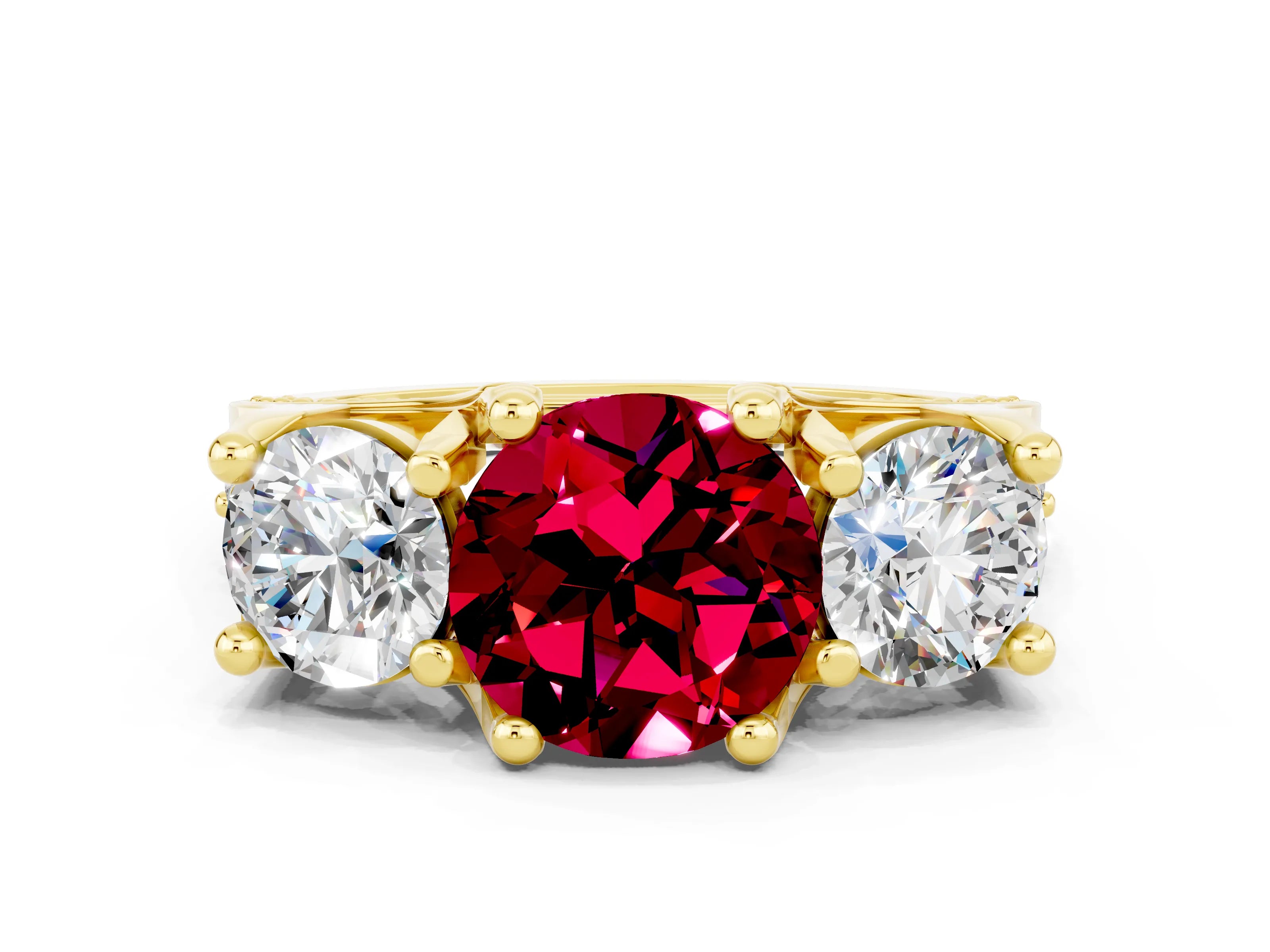 Yellow gold Round Cut Garnet Three-Stone Ring with Channel Set Band and Four-Prong Setting