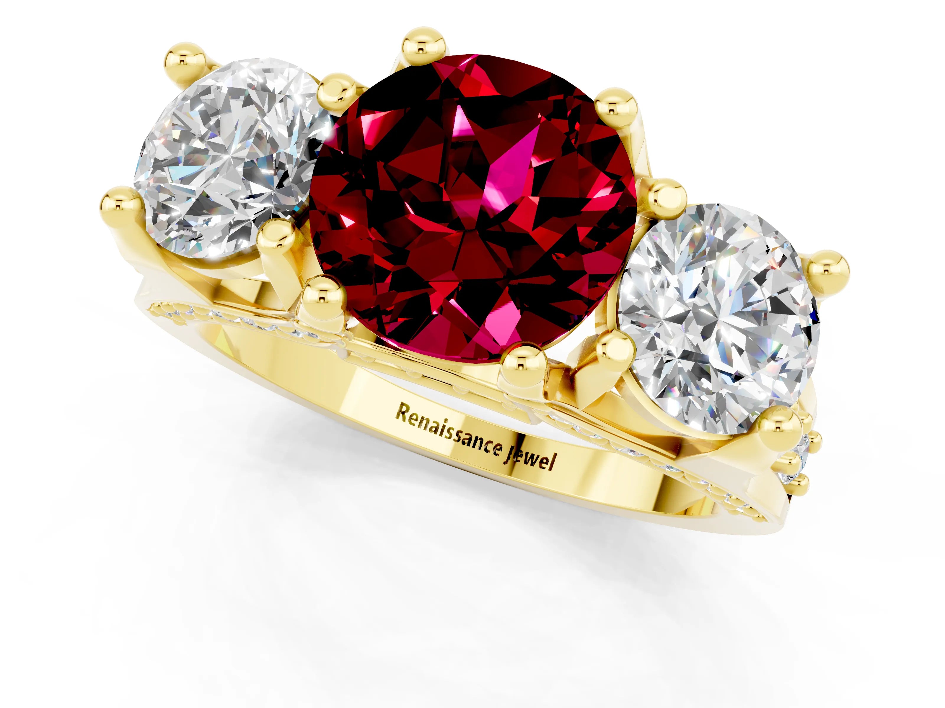 Yellow gold Round Cut Garnet Three-Stone Ring with Channel Set Band and Four-Prong Setting_1