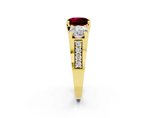 Yellow gold Round Cut Garnet Three-Stone Ring with Channel Set Band and Four-Prong Setting