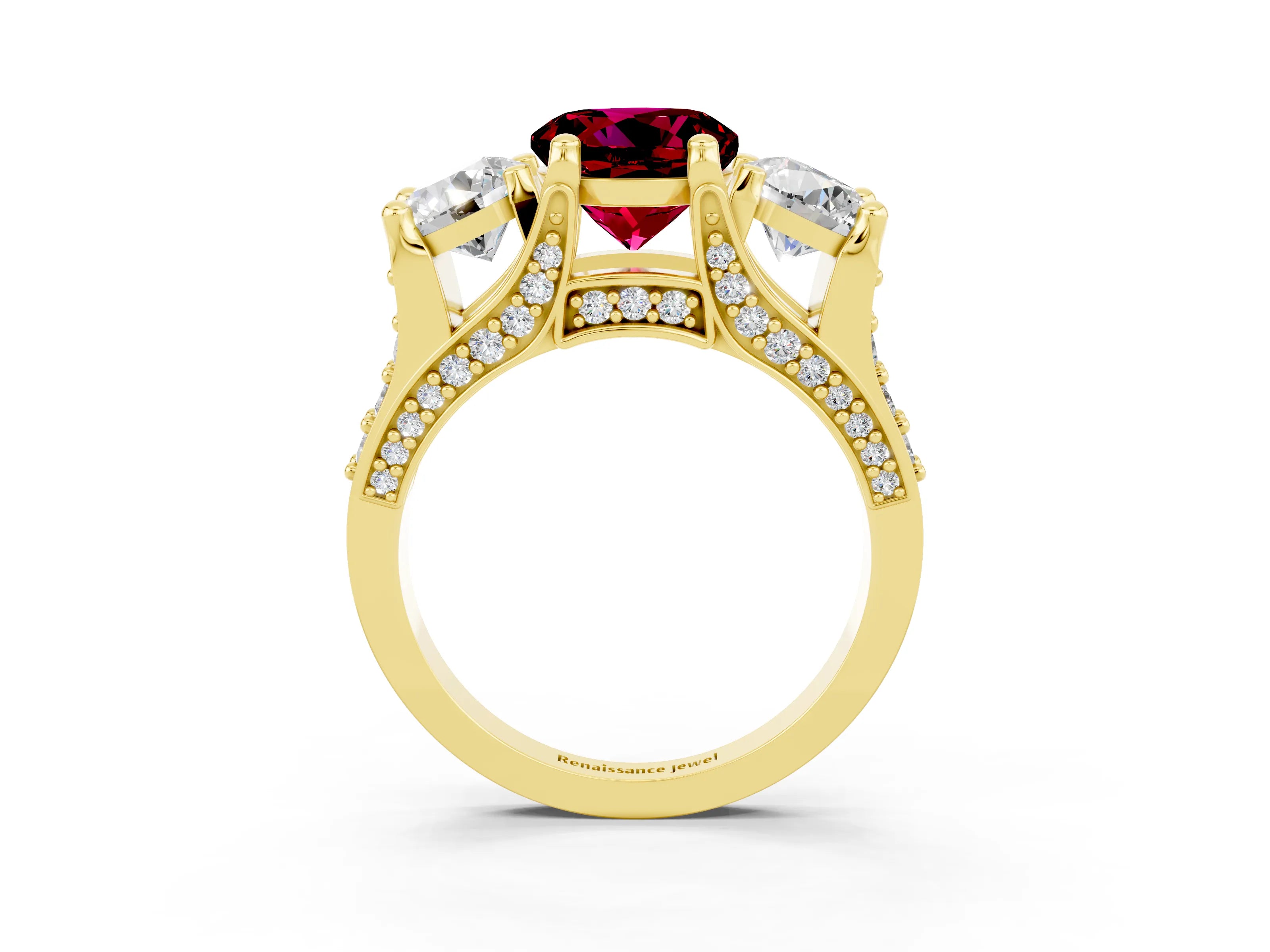 Yellow gold Round Cut Garnet Three-Stone Ring with Channel Set Band and Four-Prong Setting_3