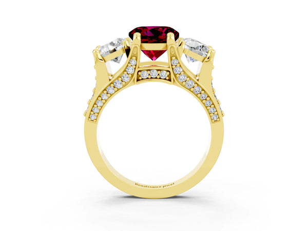 Yellow gold Round Cut Garnet Three-Stone Ring with Channel Set Band and Four-Prong Setting