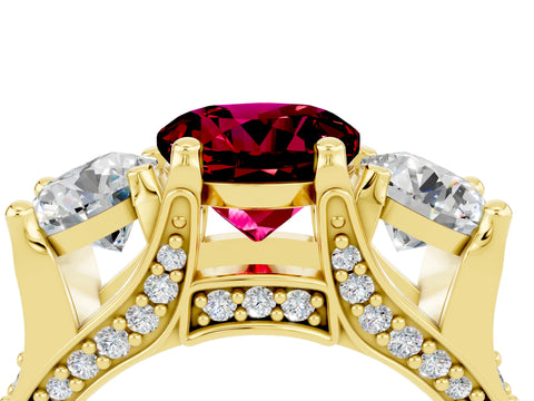 Yellow gold Round Cut Garnet Three-Stone Ring with Channel Set Band and Four-Prong Setting_4