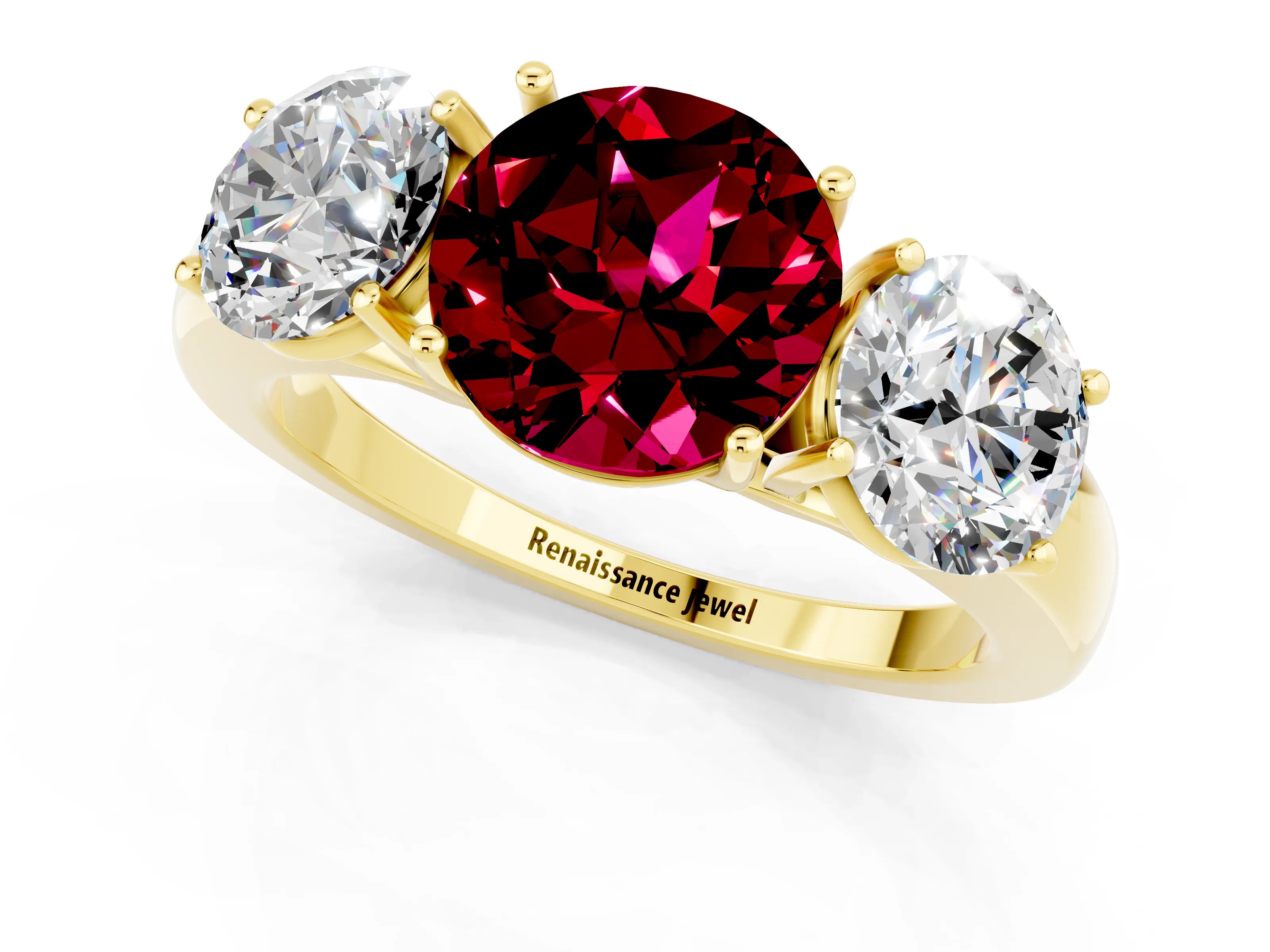 Yellow gold Round Cut Garnet Three-Stone Ring with Four-Prong Setting and Classic Band_1