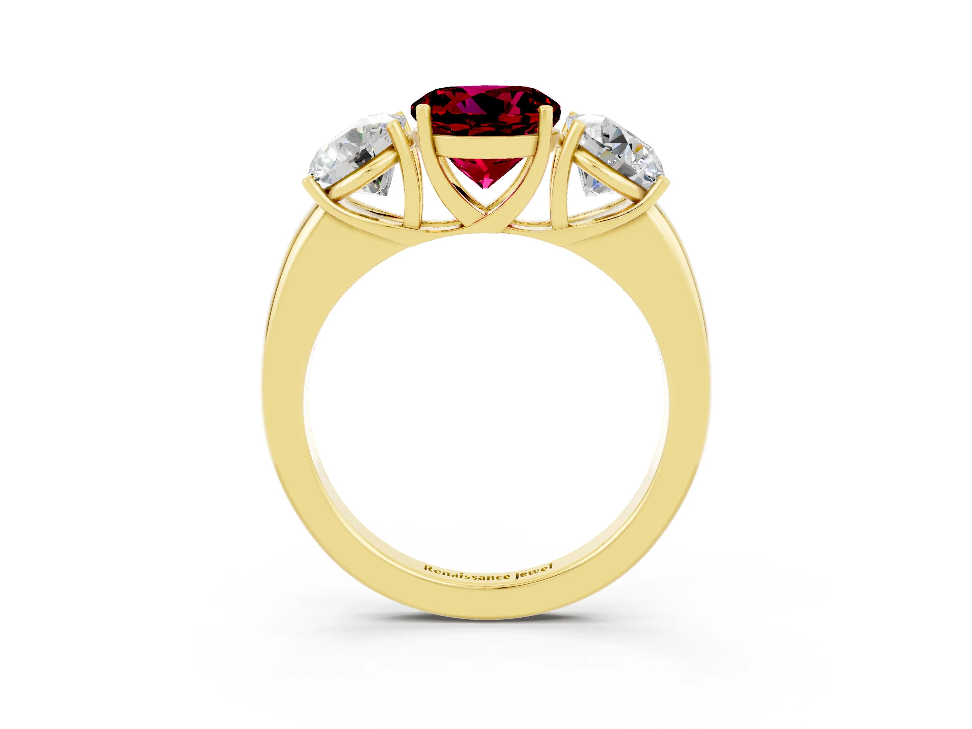Yellow gold Round Cut Garnet Three-Stone Ring with Four-Prong Setting and Classic Band_3