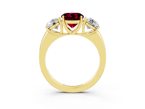 Yellow gold Round Cut Garnet Three-Stone Ring with Four-Prong Setting and Classic Band