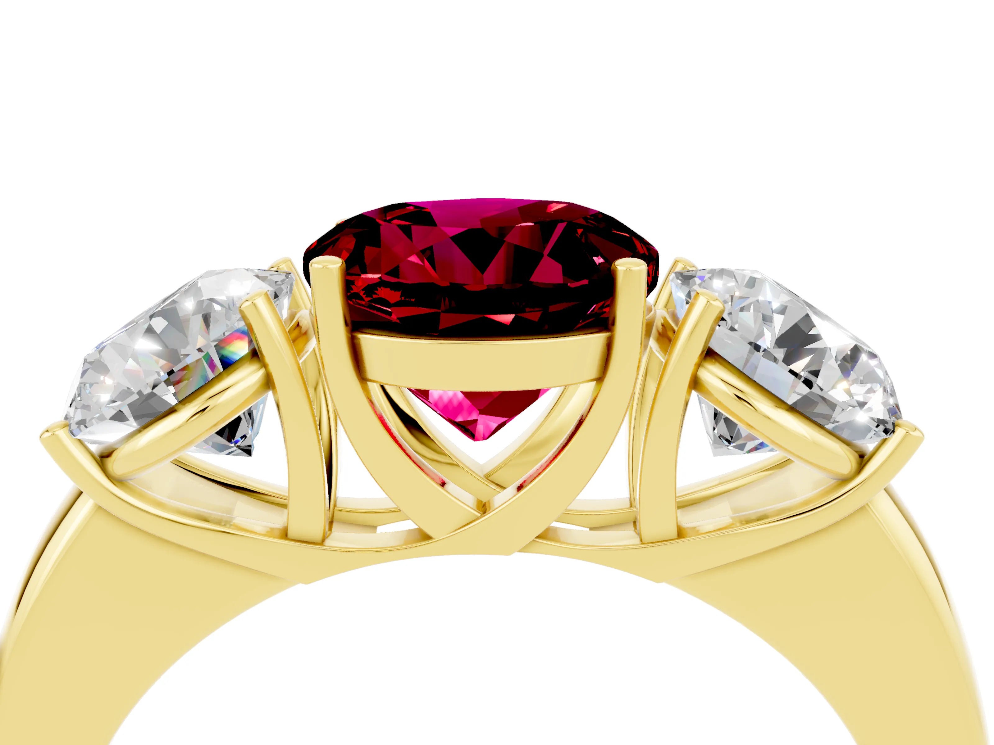 Yellow gold Round Cut Garnet Three-Stone Ring with Four-Prong Setting and Classic Band_4