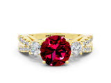 Yellow gold Round Cut Garnet Three-Stone Ring with Pavé Split Shank and Four-Prong Setting